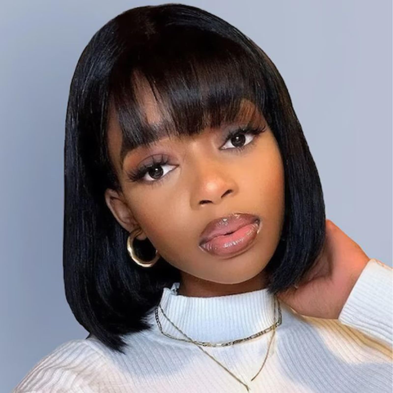 Amazon.com : Mofyue Short Human Hair Bob Wigs With Bangs 