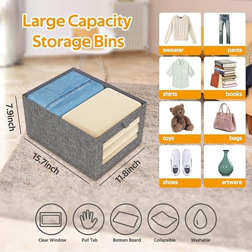 Miniatura 4 de GIB cleaningtool Paquete de 6 cubos de almacenamiento plegables con ventana transparente, organizadores de armario de lino de gran capacidad y