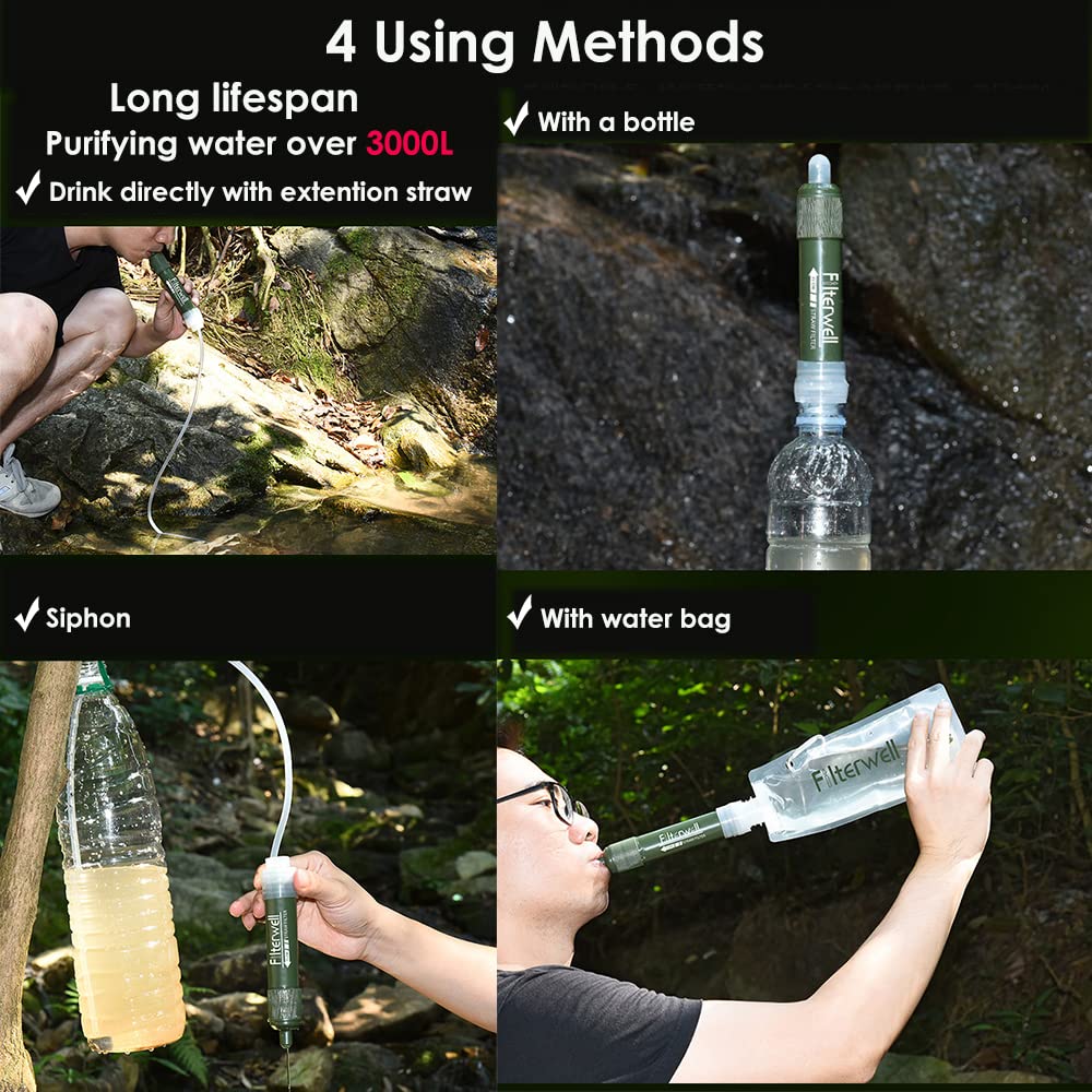 Filtro acqua personale, purificatore d'acqua per sopravvivenza all'aria aperta, mini sistema di filtraggio portatile, purificatore di acqua di emergenza per campeggio escursionismo e viaggi (esercito