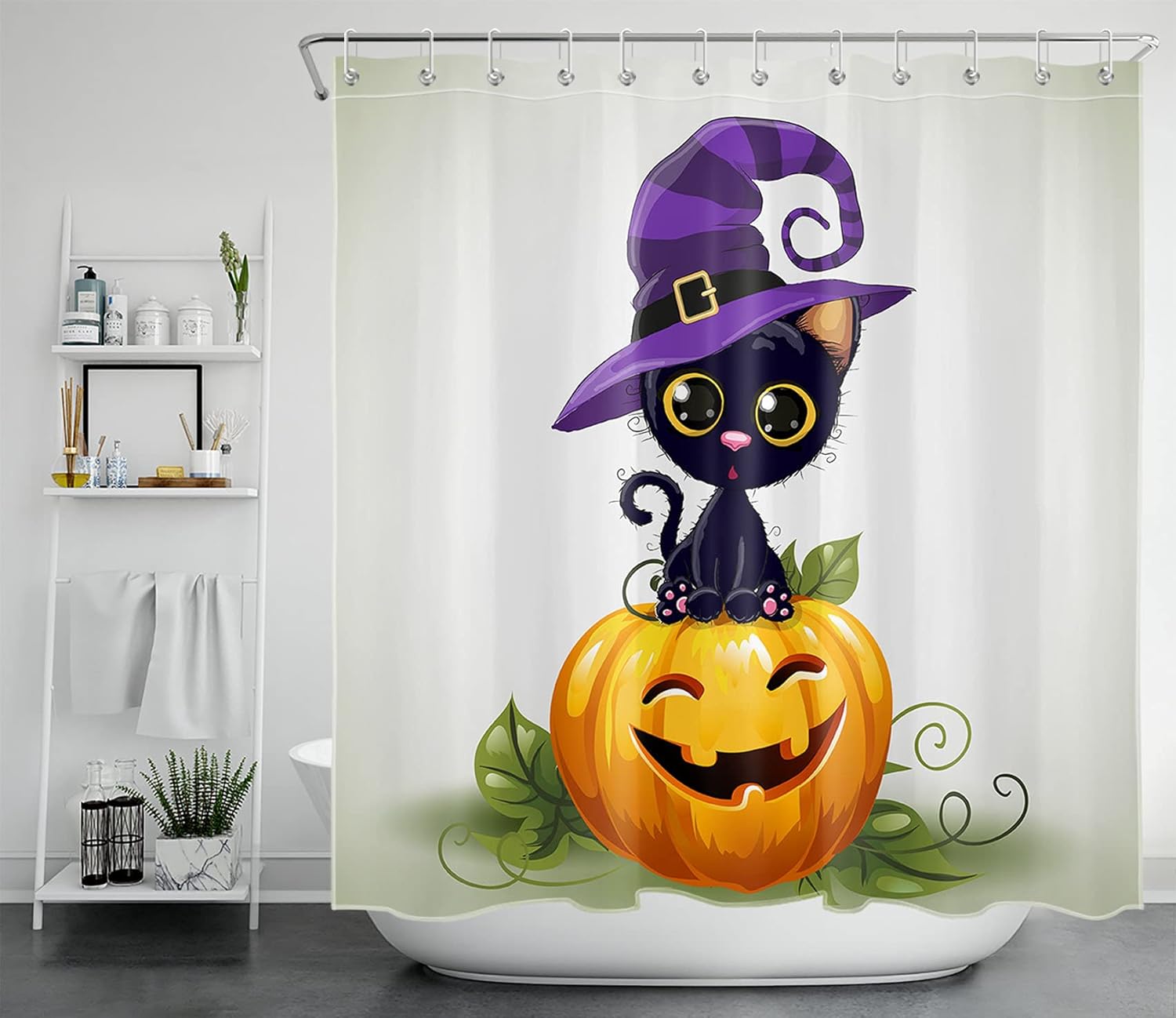 LB Halloween Pumpkin Shower Curtain Decor, Fall Pumpkin Catoon Animal Funny Cat With Witch Purple Magic Hat Shower Curtains 72X79 inch Polyester Fabric Bathroom Decoration Bath Curtains Hooks Included
