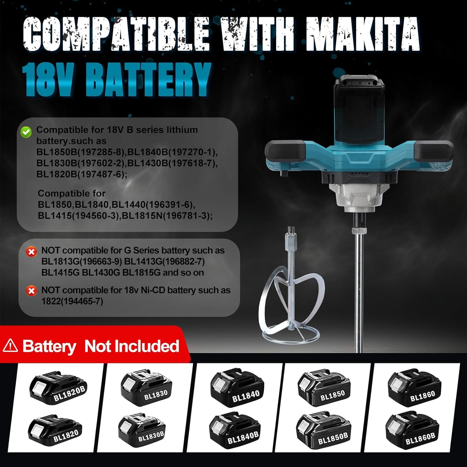 Draadloze mixer compatibel met Makita 18V batterij, 6 snelheden verf