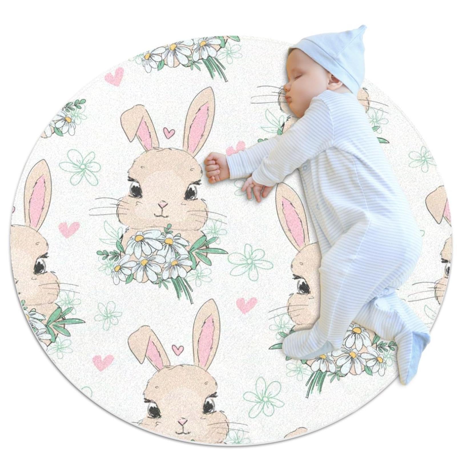 Tapis de salle de bain motif lapin camomille rond antidérapant