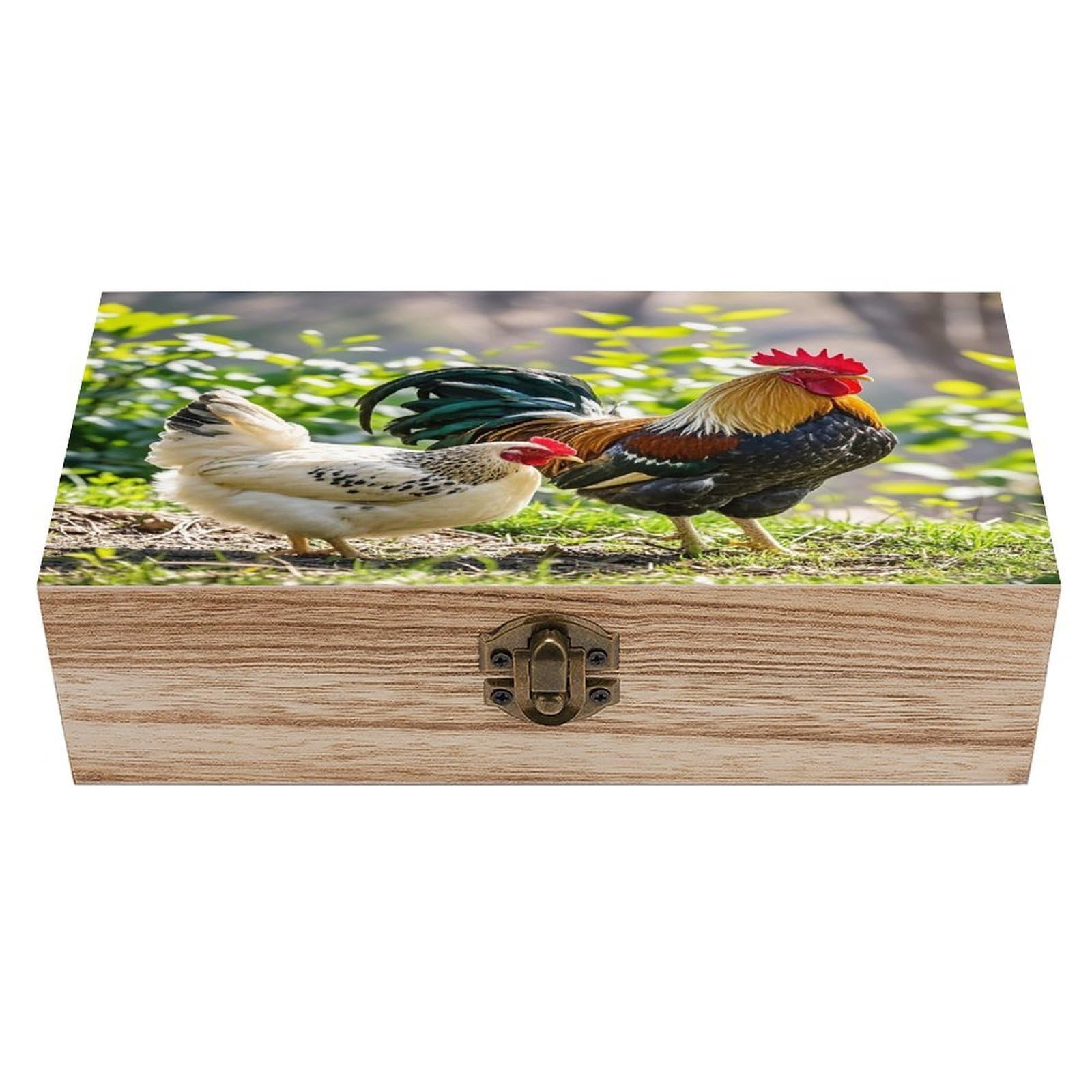 FekiLoot Rooster And Hen Wooden Box with Hinged Lid Vintage Storage Box Beautifully Wood Keepsake Boxes Jewellery Organiser & Trinket Holder Unique Gift Ideas for Men & Women