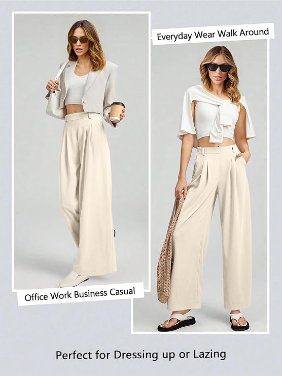 EVALESS Women's Wide Leg Pants Waffle Knit Work Trousers with Pockets