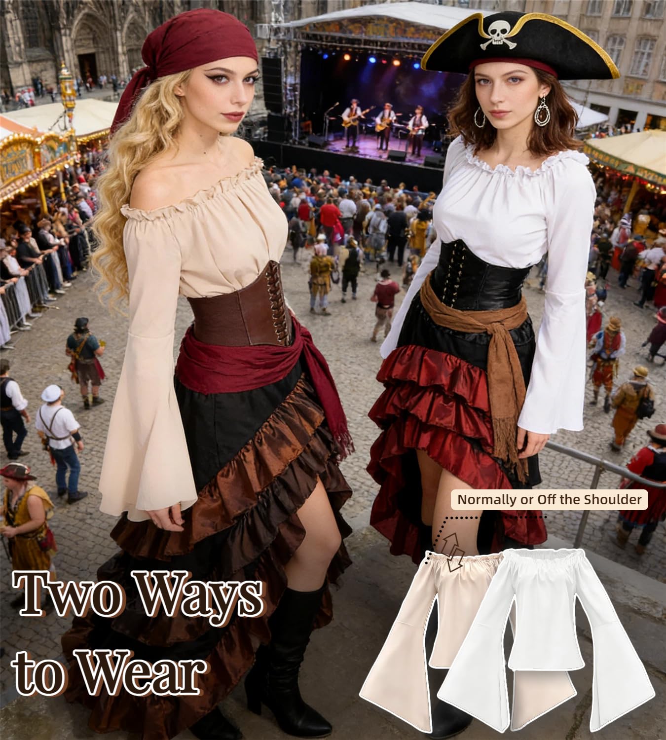 3-częściowy średniowieczny kostium pirata, zestaw średniowieczny sukienka damska z gorsetem pirata, spódnica, kostium karnawałowy na Halloween, karnawał, cosplay