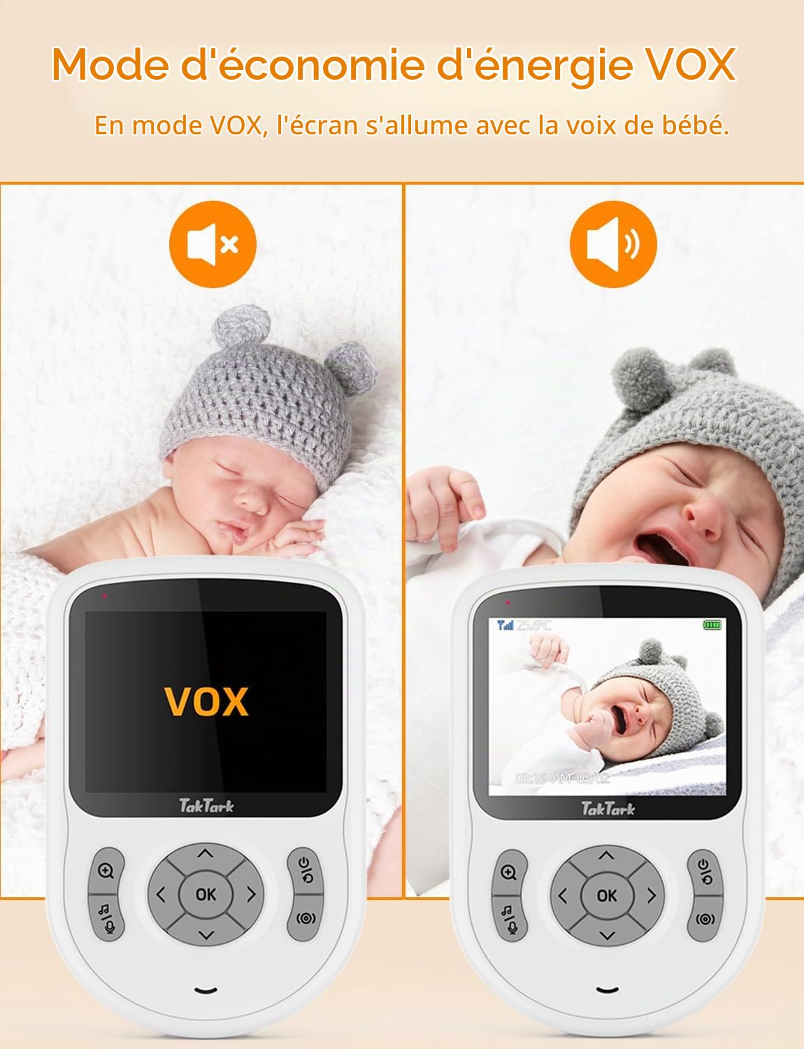 TakTark Babyphone caméra [2.8 pouces/720p IPS Babyphone] caméra bébé sans WiFi/app, 1000ft Long Range, 750mAh Battery, 2-Way Talk, VOX, 3×Zoom, Night Vision, Temperature Monitoring, Lullabies