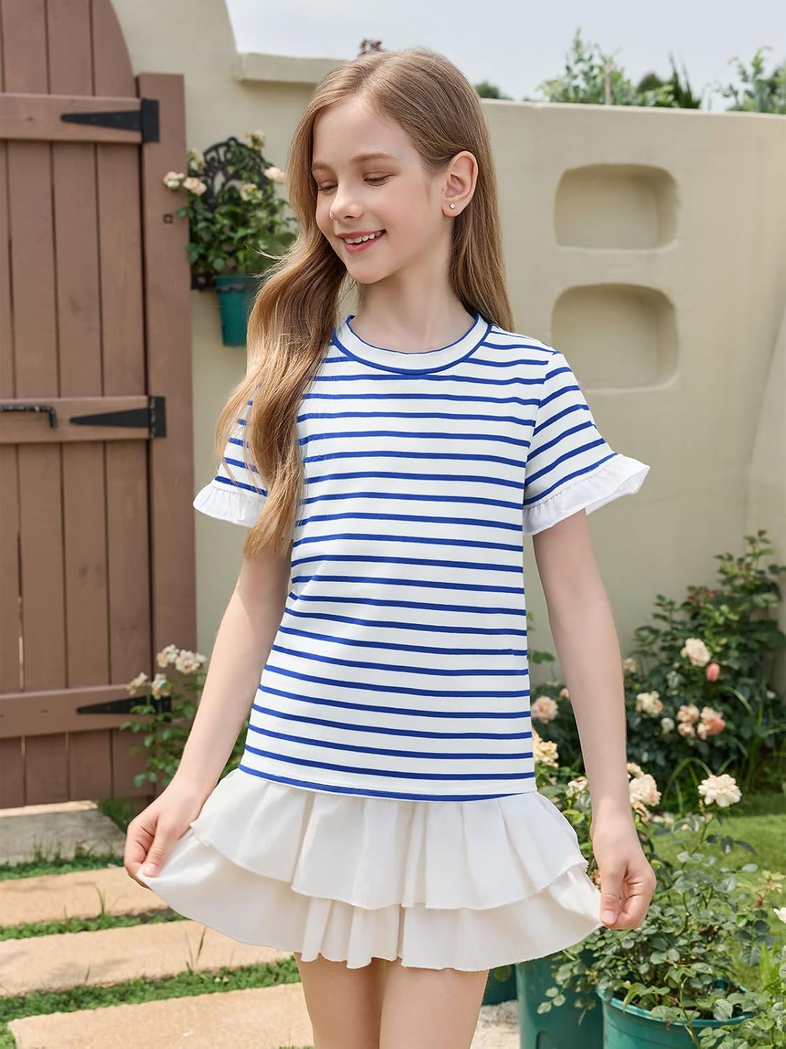 Haloumoning Girls Striped Ruffle Short Sleeve T Shirts Kids Summer Crewneck Tops Casual Tees 5-14 Years