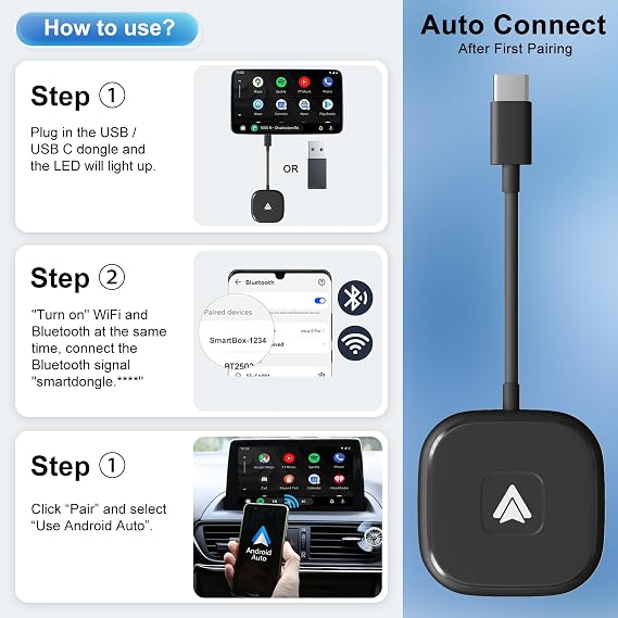 Android Auto Wireless Adapter UK, Convert Factory Wired to Wireless Android Auto, Plug and Play, Android Auto Adapter Compatible with Android 11& Cars with Wired Android Auto-Black
