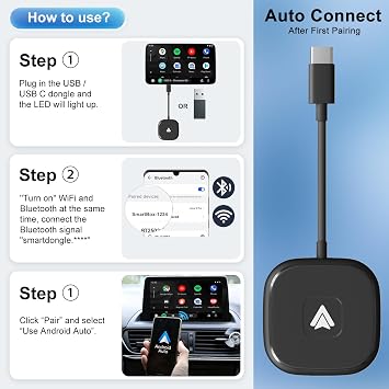 Android Auto Wireless Adapter UK, Convert Factory Wired to Wireless Android Auto, Plug and Play, Android Auto Adapter Compatible with Android 11& Cars with Wired Android Auto-Black