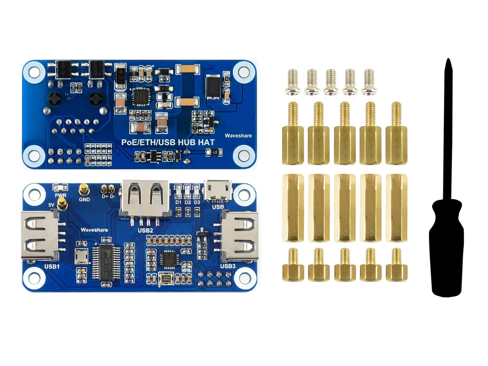Waveshare PoE Ethernet/USB HUB Hat for Raspberry Pi Zero/Zero W/4B/3B/3B+, 3X USB 2.0 Ports 802.3af-Compliant