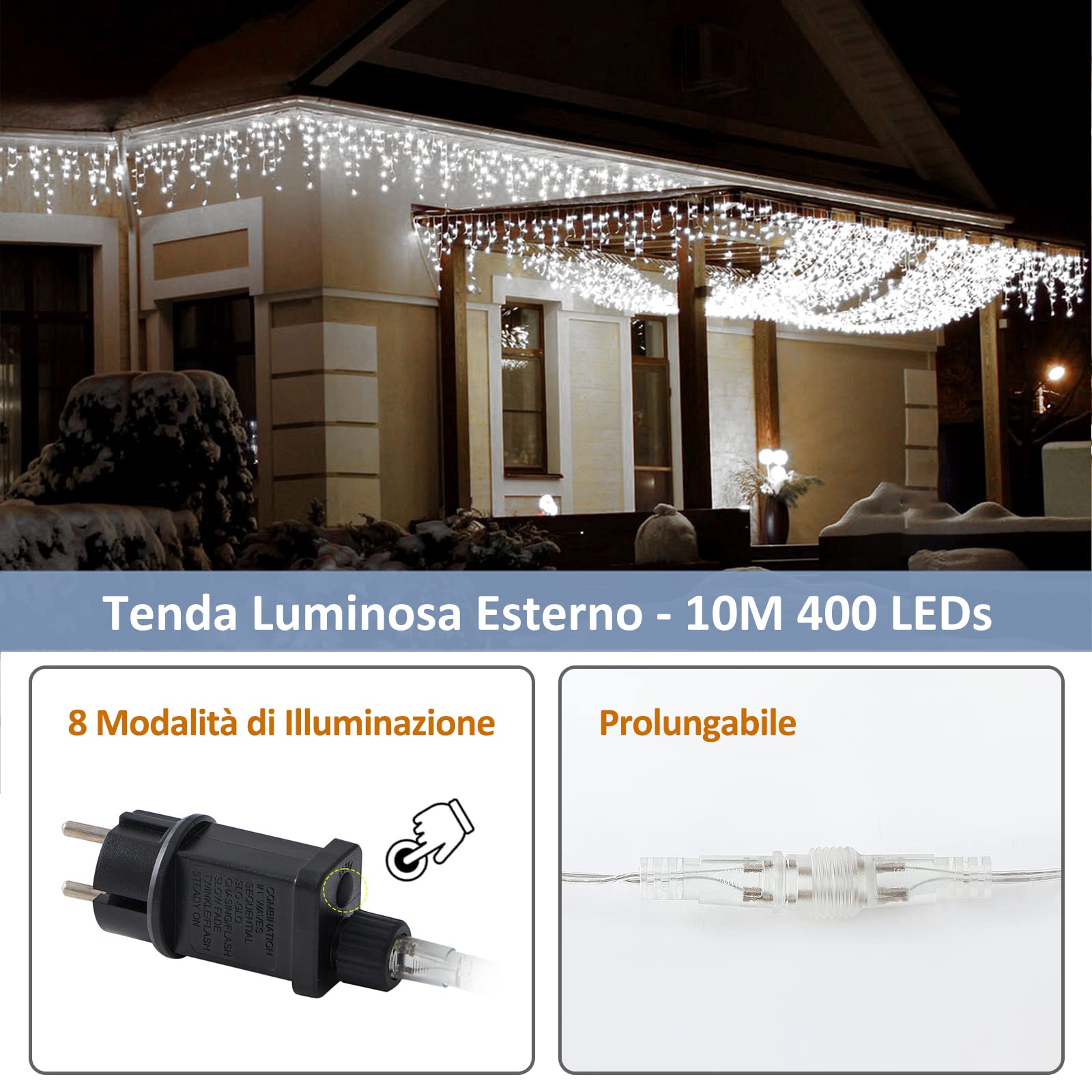 Zorela Luci Natale Esterno Cascata 10M 400 LED Tenda Luminosa Esterno Natale Prolungabile Luci di Natale Cascata di Stalattiti con 8 Modalità Impermeabile per Balcone, Tetto, Giardino