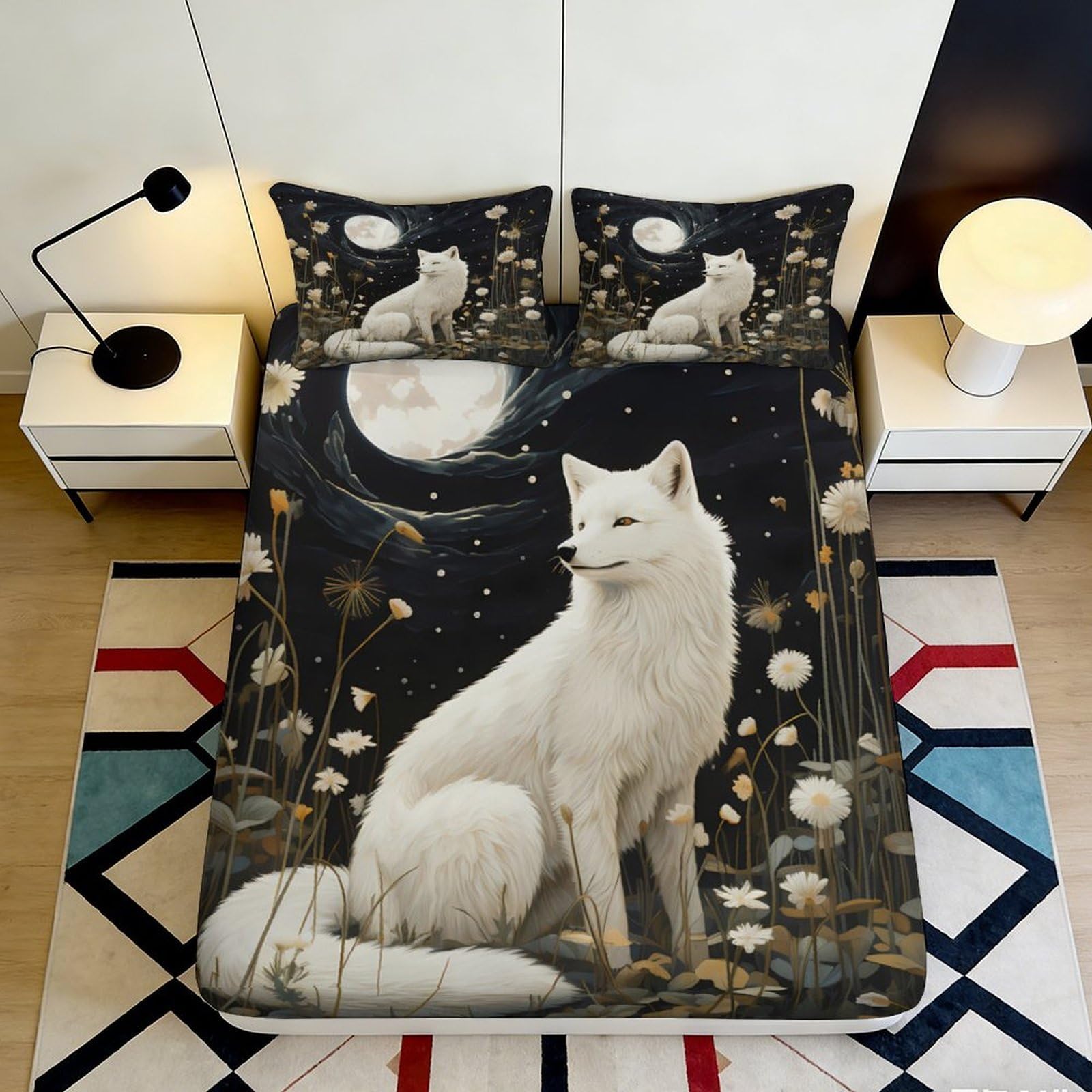 3D Printed Moonlit Wolf Fitted Sheet Microfiber Soft Non-Slip Forest Night Mattress Cover for Bedroom Decor 90x200x25cm