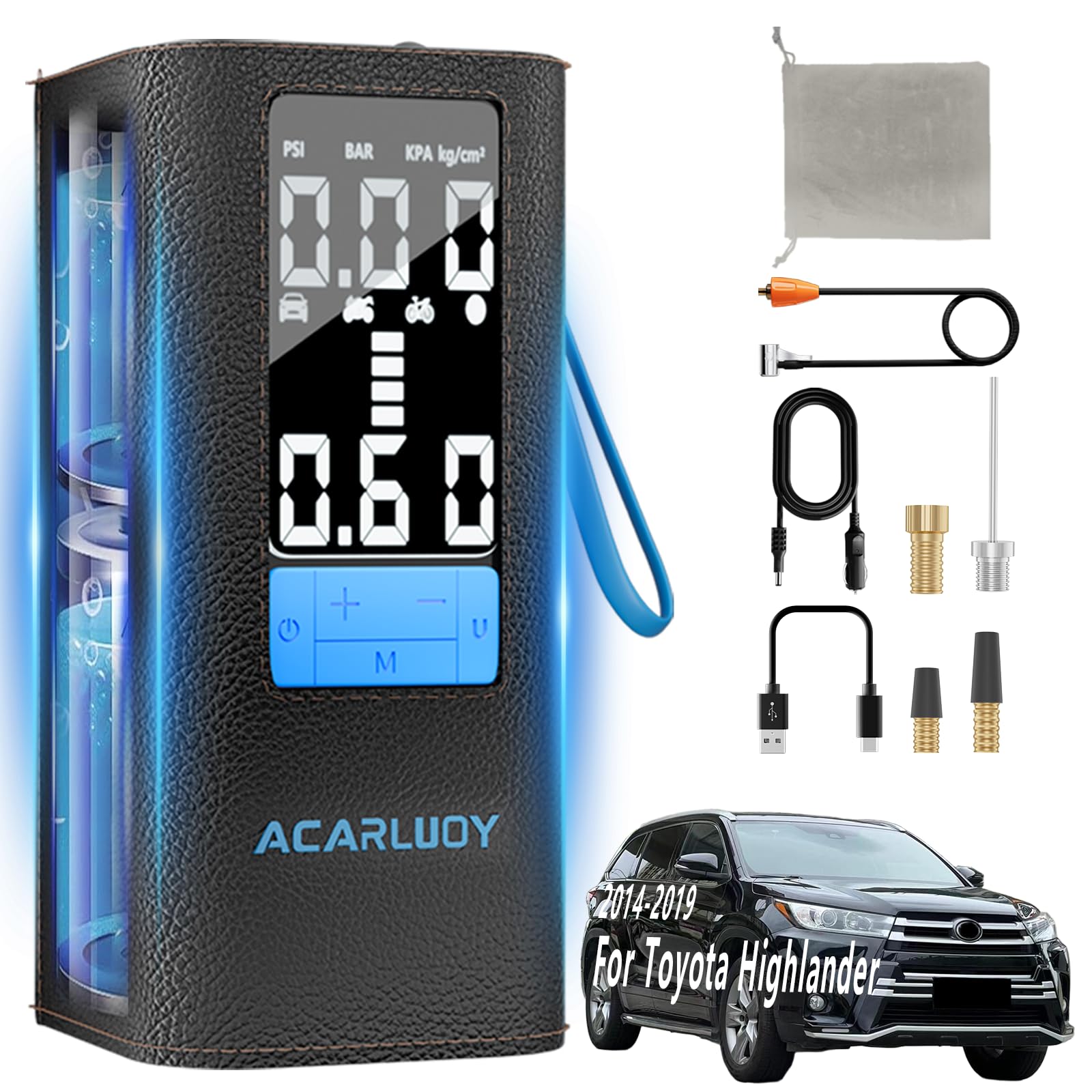 Portable Air Compressor for Car Tires - 3X Faster Inflation Fit for Toyota Highlander 2014-2019 6000mAh Battery LCD