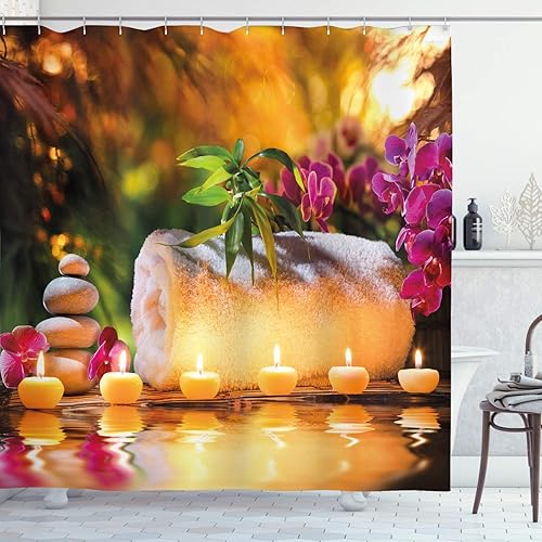 Ambesonne Cortina de ducha de spa, velas románticas y orquídeas clásicas relajantes, juego de decoración de baño de tela con ganchos, 69 pulgadas de