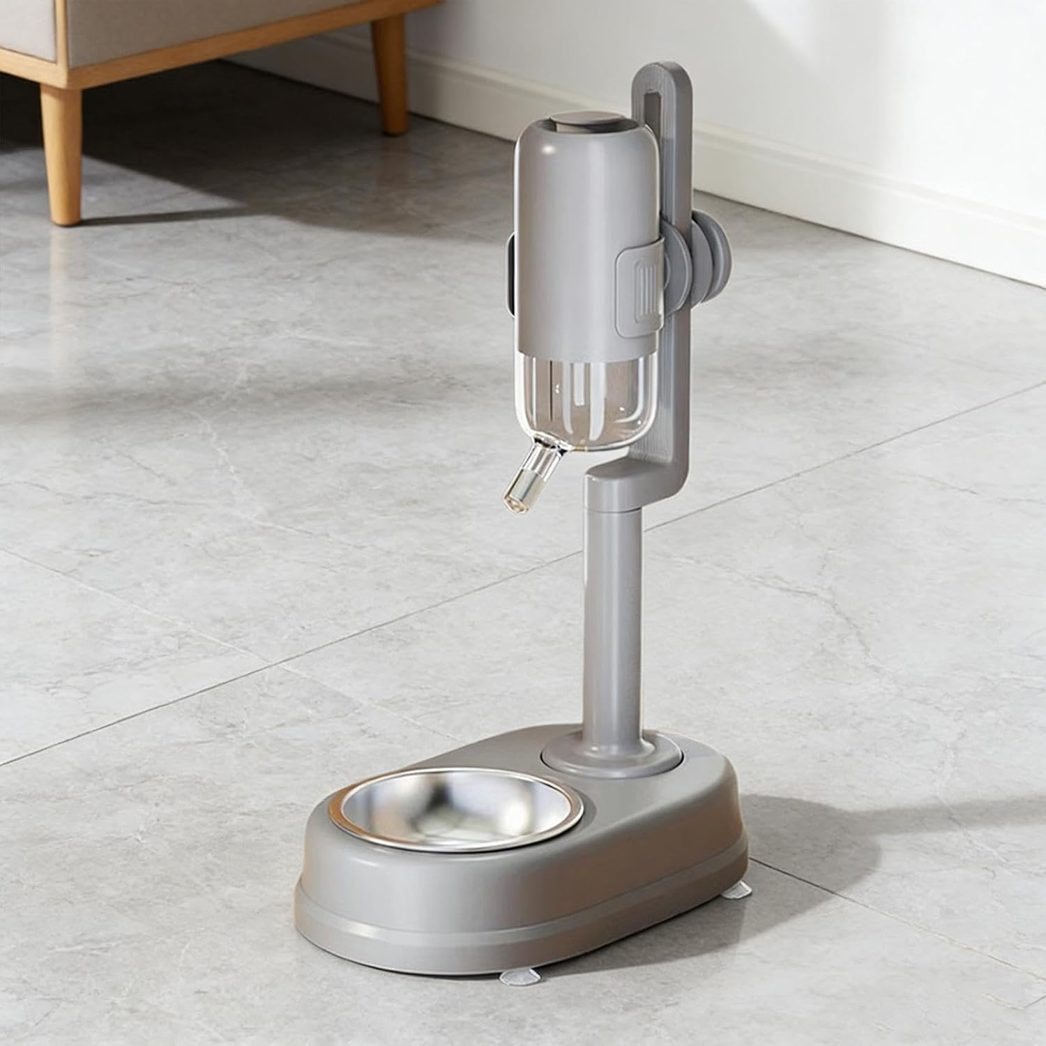 Generic Pet Standing Water Dispenser Adjustable Height Detachable Cat Dog Bowl Pet Feeder Waterer for Puppy Cat Kittens Small Animal, Gray