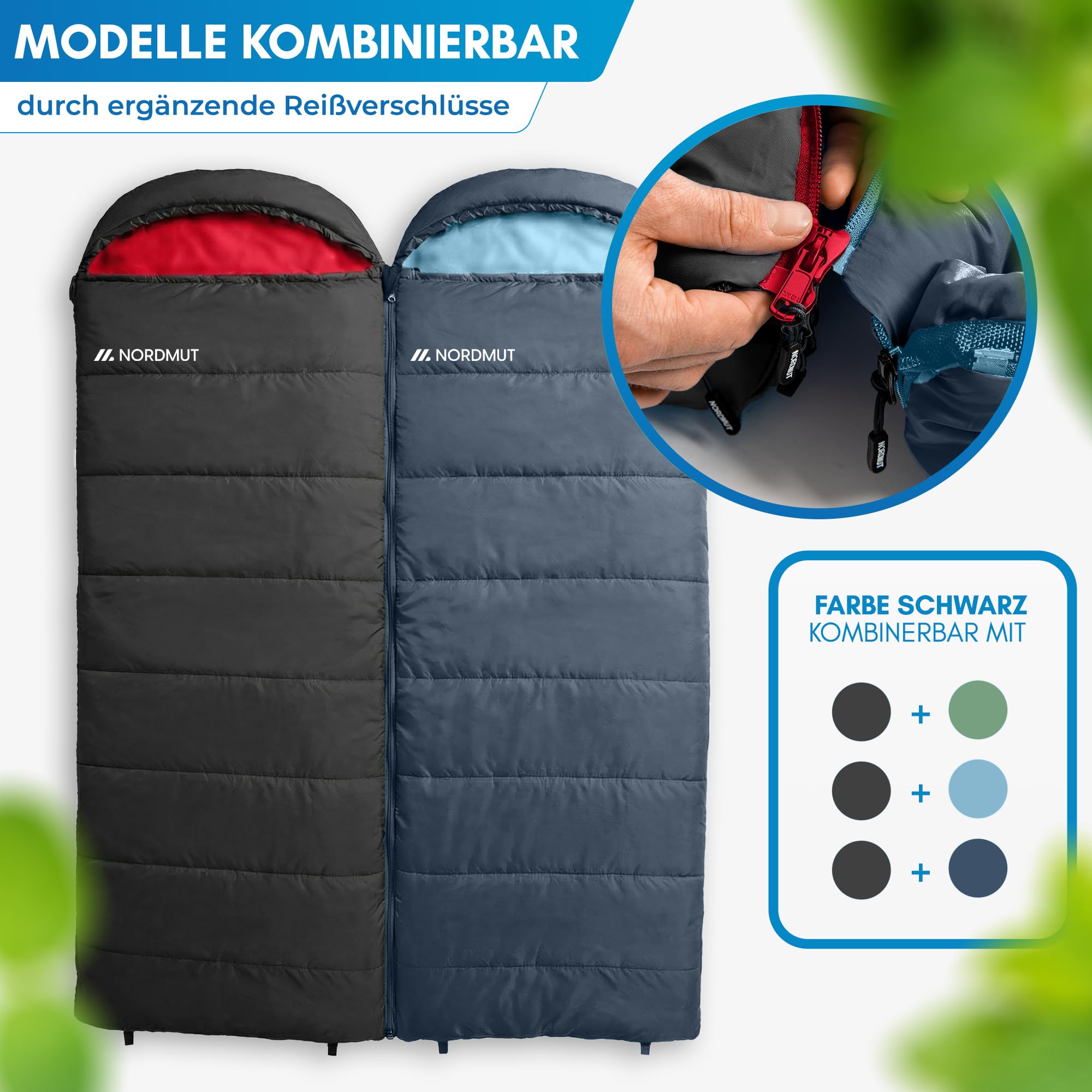 NORDMUT® Deckenschlafsack Erwachsene mit Zwei-Wege YKK-Reißverschluss – kleines Packmaß & Ultraleicht 1600g – 3-Jahreszeiten (250 GSM) – Schlafsack für Camping, Outdoor & Festivals
