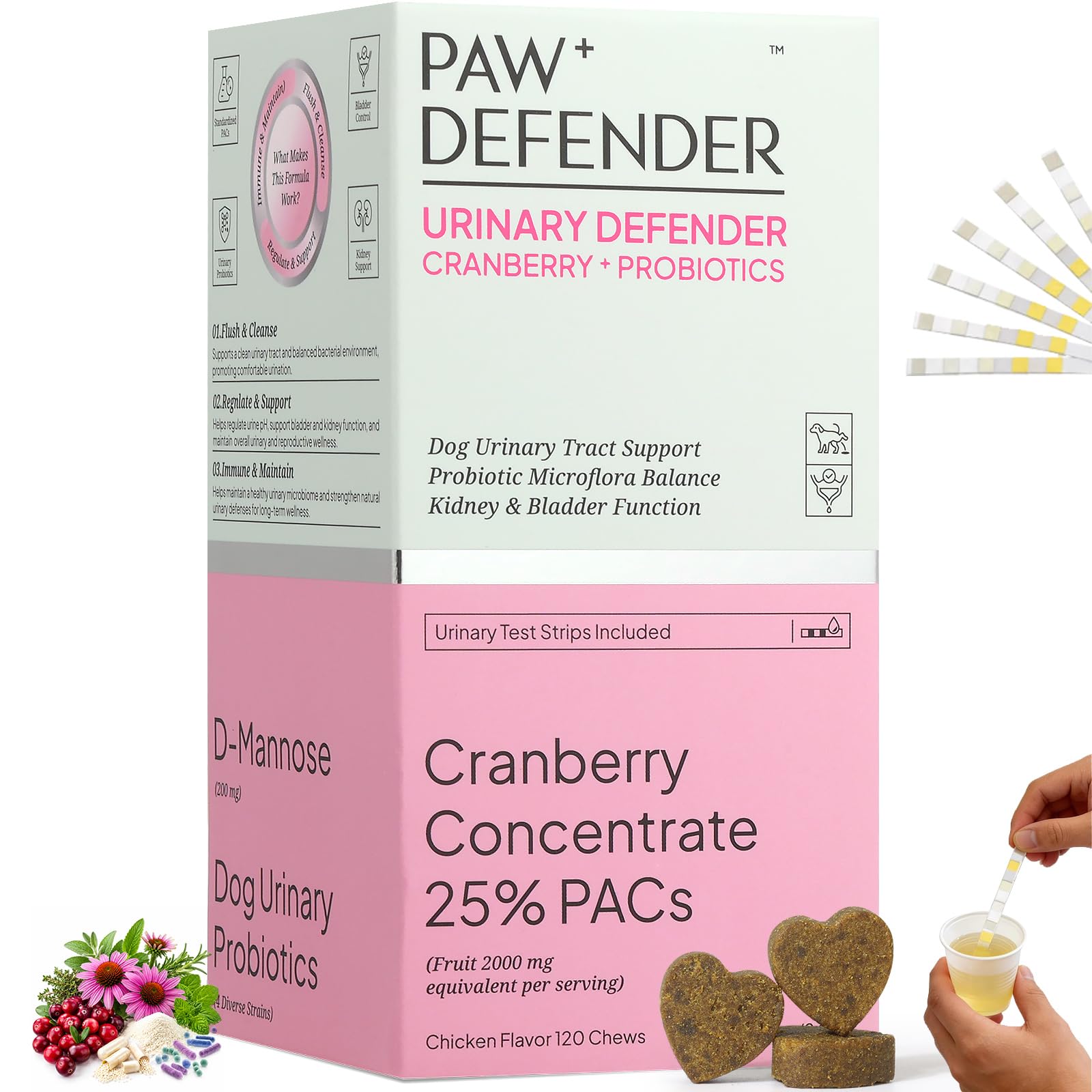 Dog UTI Treatment, Cranberry Supplement for Dogs,120 Chew,10 UTI Test Strip