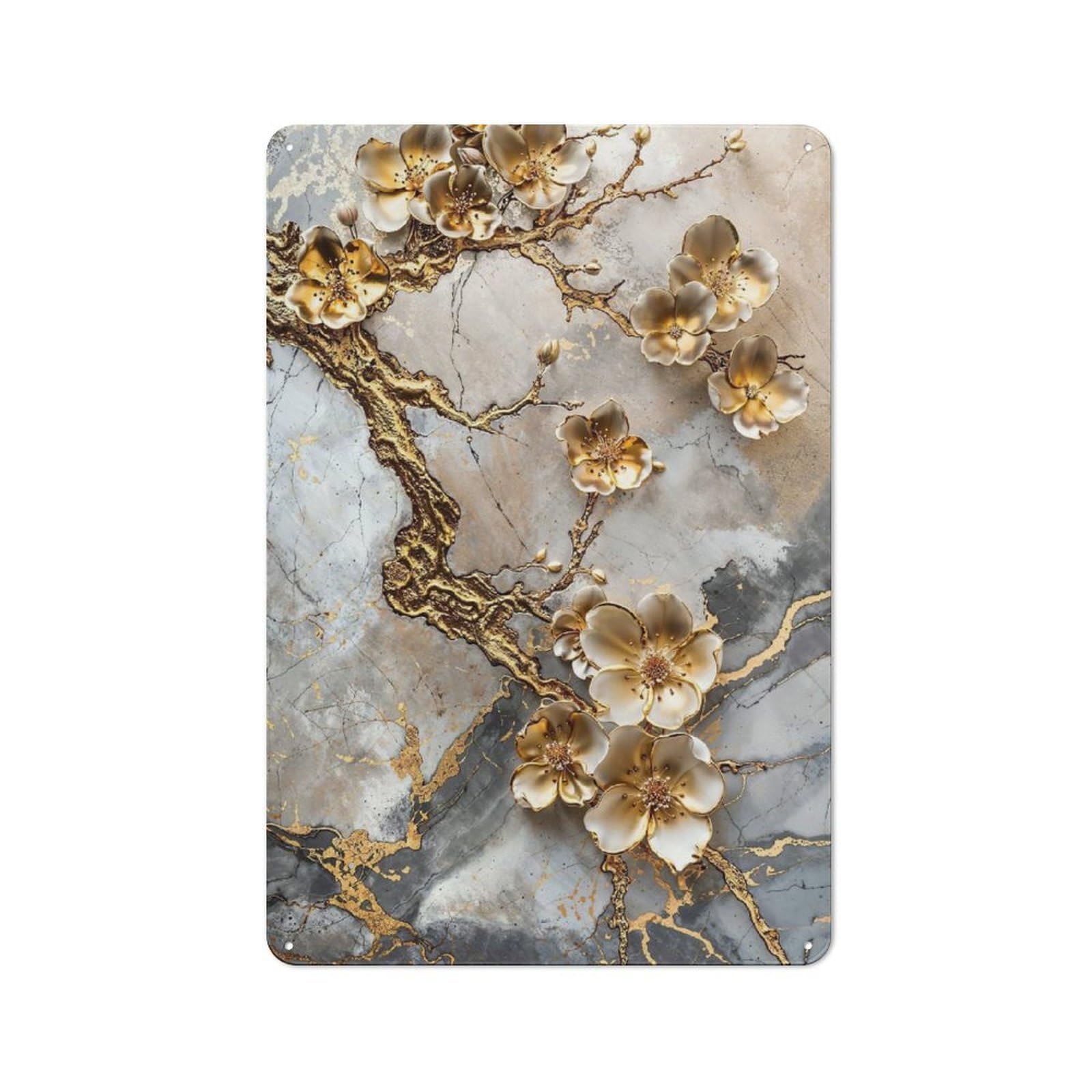 Junmoney Style-12 Golden Vein Sakura Branch Printed Metal Sign, Small Wall Accent For Flower Corner, Porch Wall And Covered Outdoor Area, 30X20cm
