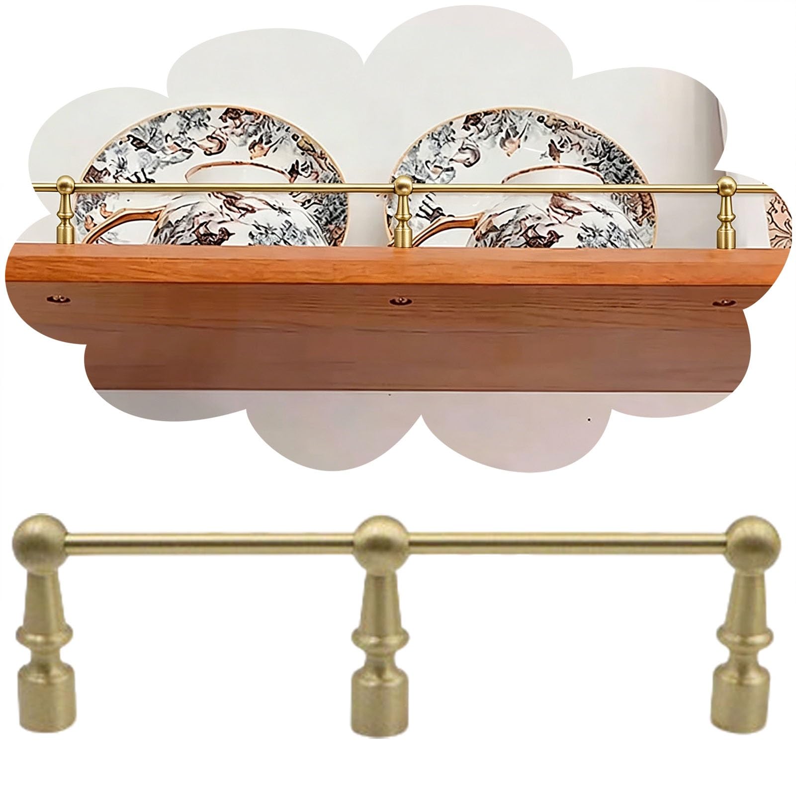 Gold Guard Railing for Wooden Shelves, Open Floating Shelving Rail for Bowl Dish, Brass Finish Shelf Edge Anti-Fall Fence, Cabinet Guardrail Bar(Style C,65inch/165cm)
