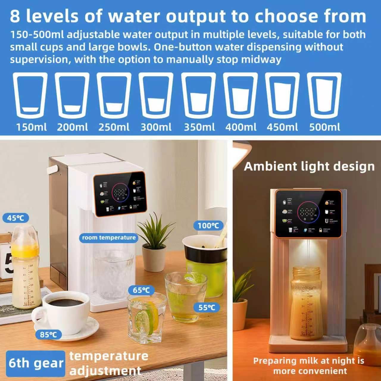 Dyspenser gorącej wody 3L Instant z filtrem i uchwytem, 8 opcji pojemności i 6 ustawieniami temperatury, czajnik wodny z ekranem dotykowym LED/automatyczne Standalone Unit + Stand + Ultrafiltration