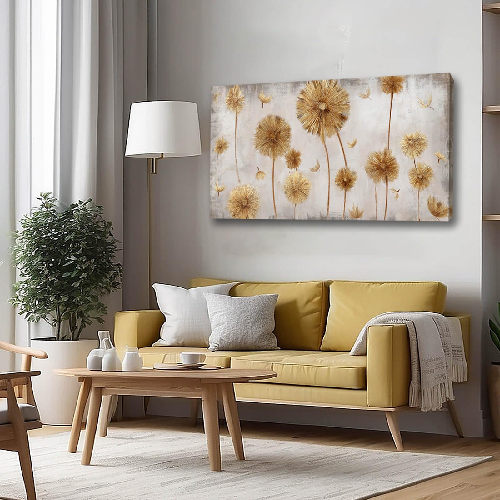 Framed Canvas Wall Art Gold Dandelion Wall Prints Living Room Artwork Grey Picture Wall Decor for Bedroom 20"x 40" Office Painting Home Decor