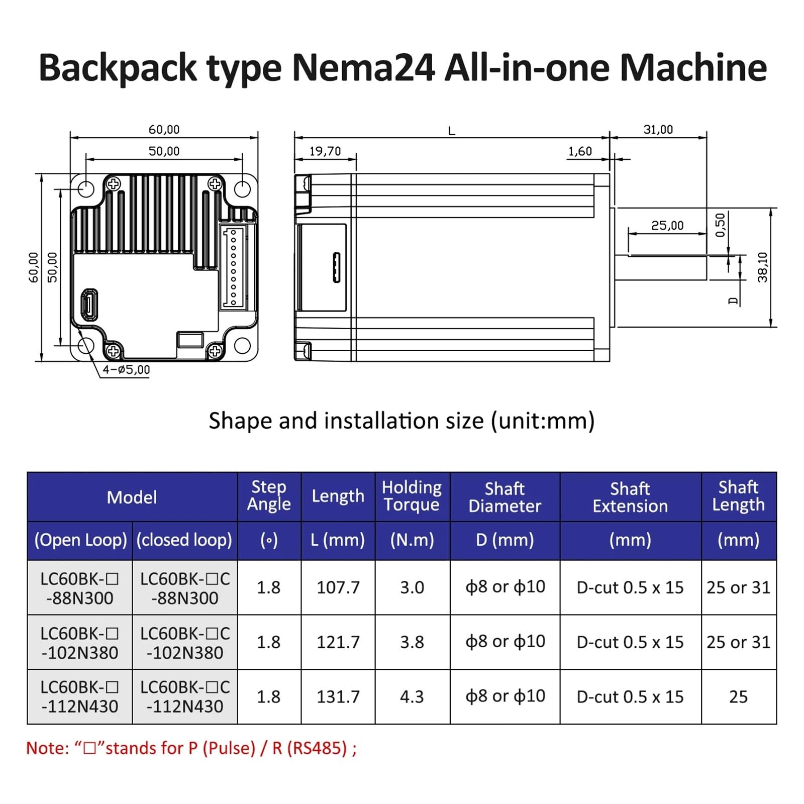 Pulse/RS485 DC24~50V4.5/5/5.8A 1000PPR 3/3.8/4.3N.m 2Phase Nema24 Open Loop/Closed Loop Zintegrowany sterownik silników krokowych (Nema24 4.. 10 mm, seria impulsowa_otwarta pętla)