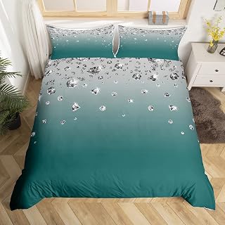Juego de ropa de cama color verde azulado degradado, tamaño doble, color verde azulado y blanco grisáceo, funda de edredón para niñas y mujeres, adultos, arte abstracto moderno, estampado de