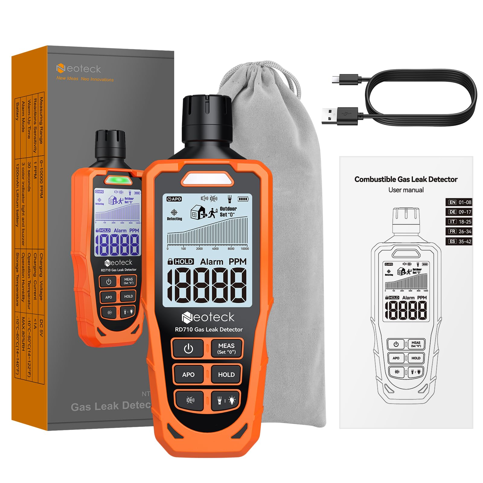 Neoteck Rilevatore di Fughe di Gas Portatile Ricaricabile Detector Gas Metano, GPL e Naturale (0-10000 ppm) con Display LCD 2.9", Allarme Sonoro+Luminoso e Torcia per Casa, Cucina, Officina, Camper