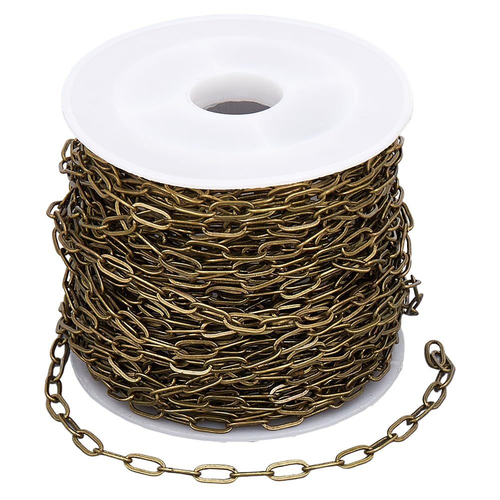 SOFPLATE 10M/32.8 Feet Brass Paper Clip Chain Cable Link Chain with Spool Antique Bronze Paperclip 6mm Slim Link Oval Soldered Roll Connector Chain for Jewellery Making Necklace Bracelet DIY Craft