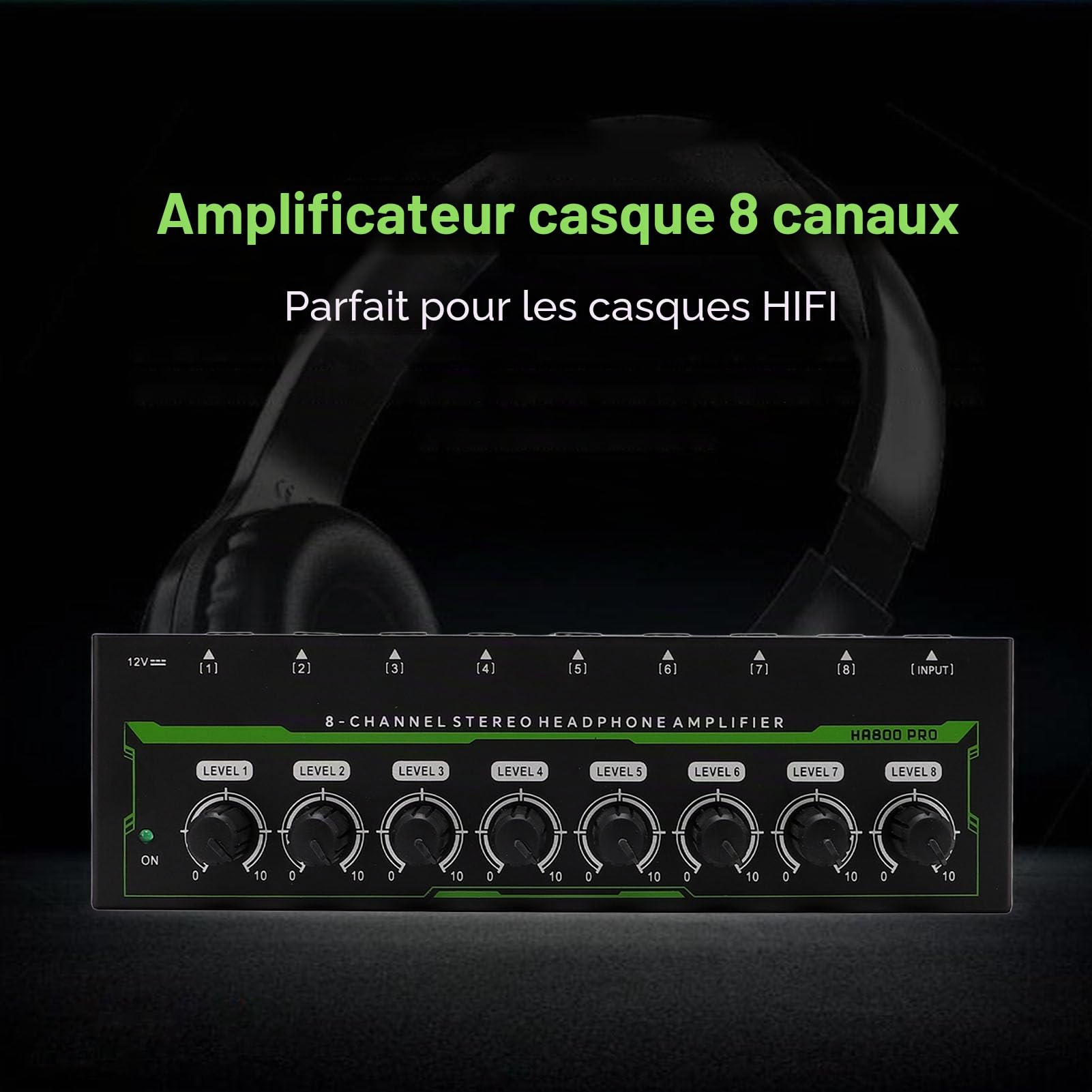 Jectse Amplificateur de Casque 8 Canaux, Amplificateur Audio Stéréo en Métal avec Prise Jack 6,35 Mm, Contrôle du Volume, Répartiteur de Casque Multi-Ports pour Studio D'enregistrement,