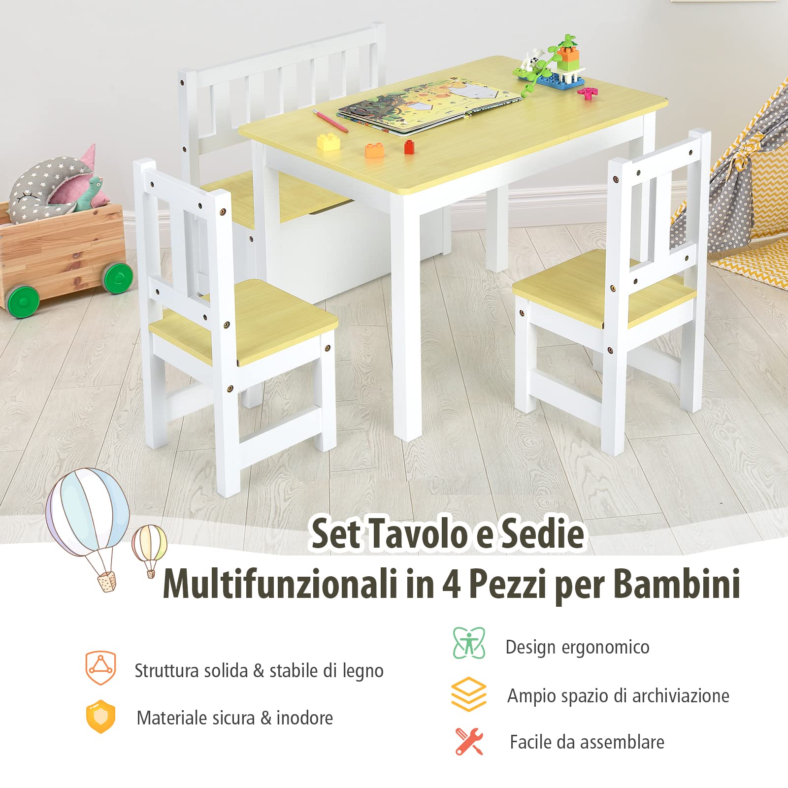 COSTWAY Set 4 Pezzi Tavolo e Sedie per Bambini, 2 in 1 Tavolino Attività di Legno per Bambini con 2 Sedie e 1 Panca, per Giocare Disegnare Leggere e Mangiare (Naturale)