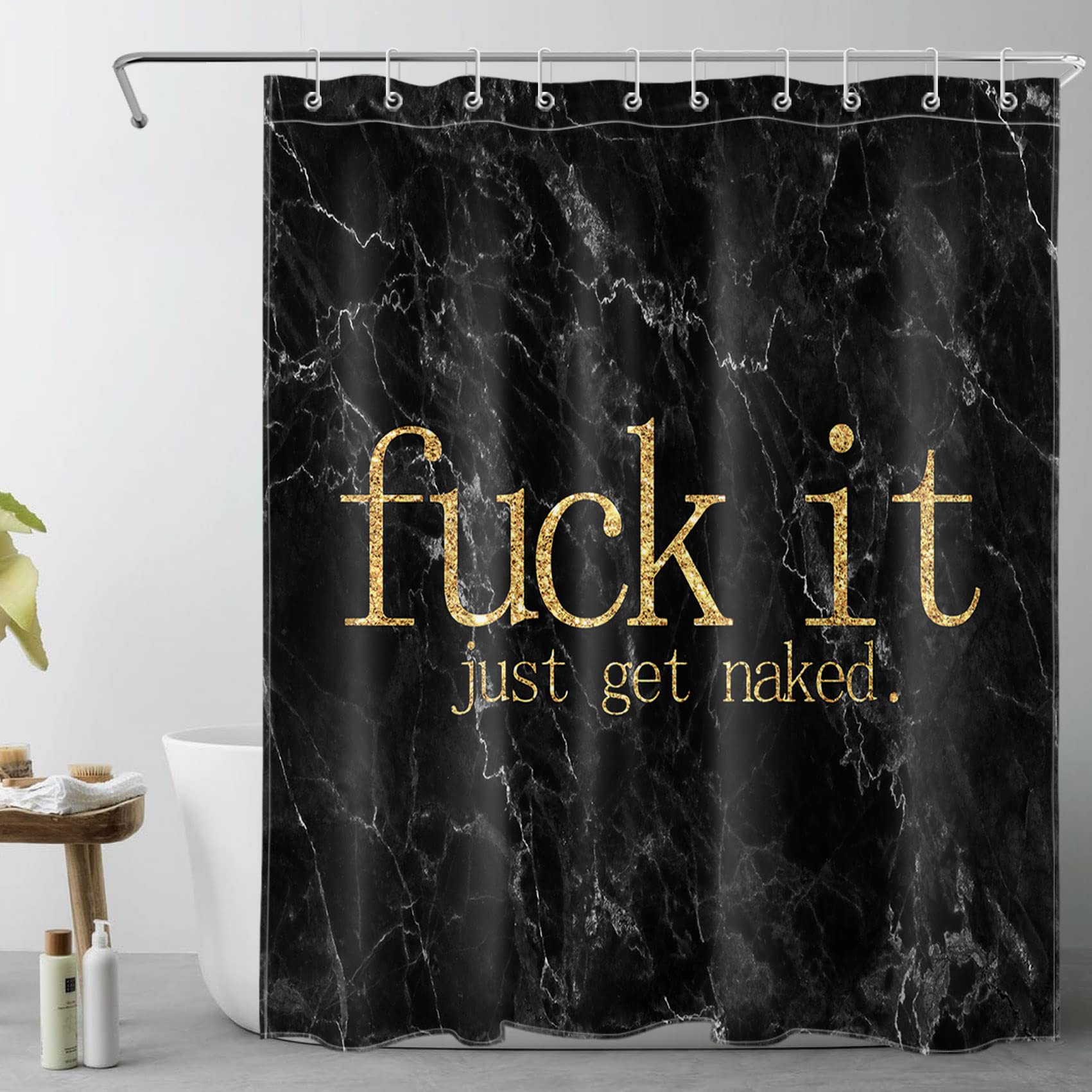 LB Black Marble Shower Curtain Decor,Gold Funny Quotes it Get Naked on Black and Grey Shower Curtains for Bathroom 60X72 inch Polyester Fabric Bathroom Decoration Bath Curtains Hooks Included