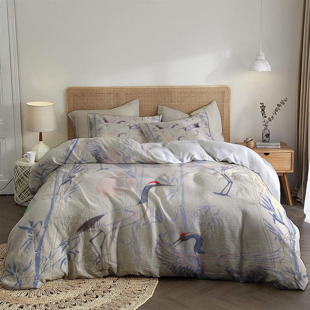 NIBAINLO 布団カバー水彩画と白鶴の模様 肌に優しい ピーチスキン加工 掛け布団カバー 和式 洋式 あったか 布団カバーセット リバーシブル ホームステイ ホテル 家庭兼用