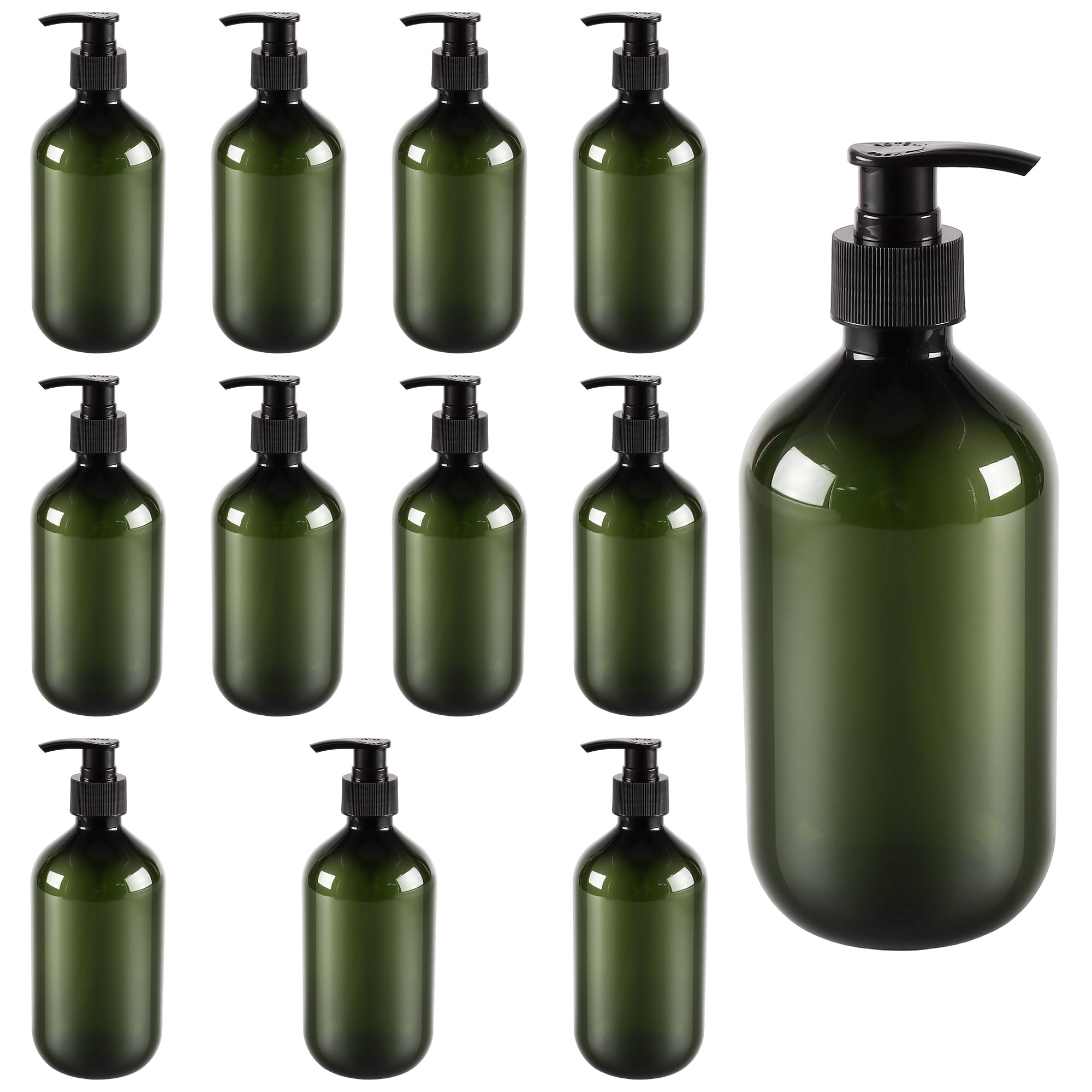 TAICHEUT 12 Pack 500ml Plastic Pump Bottles, Refillable Soap Dispenser for Shampoo and Shower Gel, Empty Containers for Bathroom Kitchen, Green