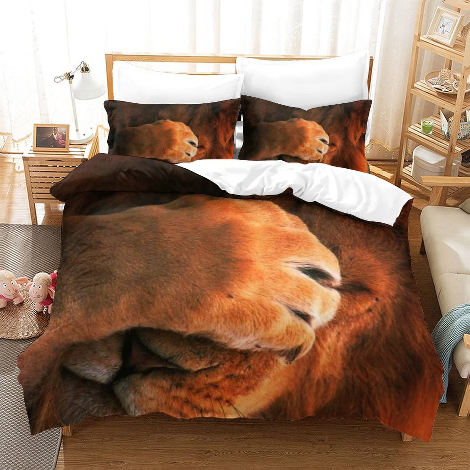 Housse de couette lion 220x240 cm avec 2 taies d'oreiller pour lit King