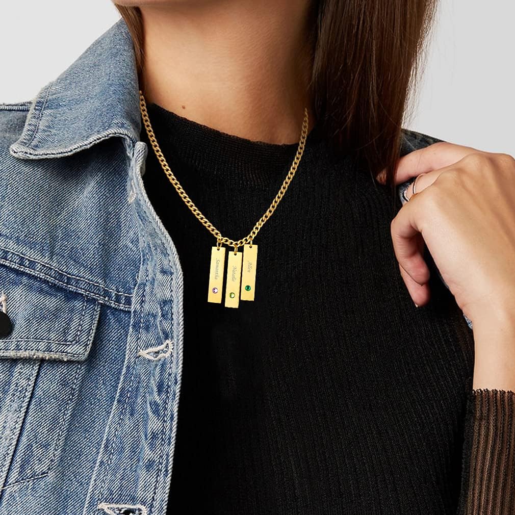 Custom4U Personalized Birthstone Bar Necklaces for Women, Custom Handmade Silver/Black/Gold Vertical Bar Pendants with 1-3 Names Engraved,Unique Memorial Necklace for Her