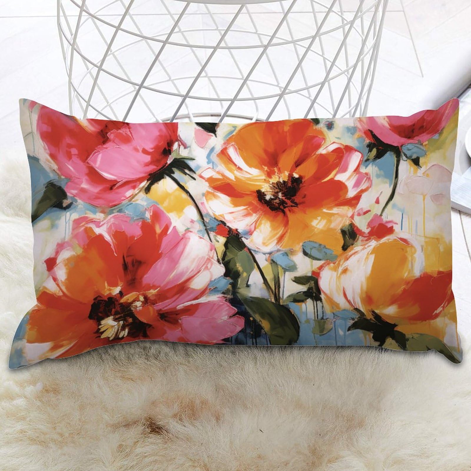 Lumbar Pillow Cover Bright Floral Pink Rose Dorm Cushion Cover Blooms Flower Painting Throw Pillow Cover Classic Outdoor Garden Decoration For Couch Sofa Living Room Decor 12x20 IN