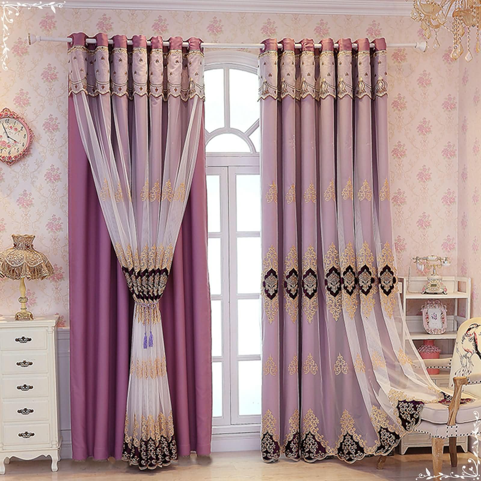 Gardine Blickdicht Verdunkelung 2er Set,2 x 132W x 138H cm,Blickdichter Vorhang Thermo Lila Doppellagig mit Blumenstickerei Vorhänge Ösen Küche