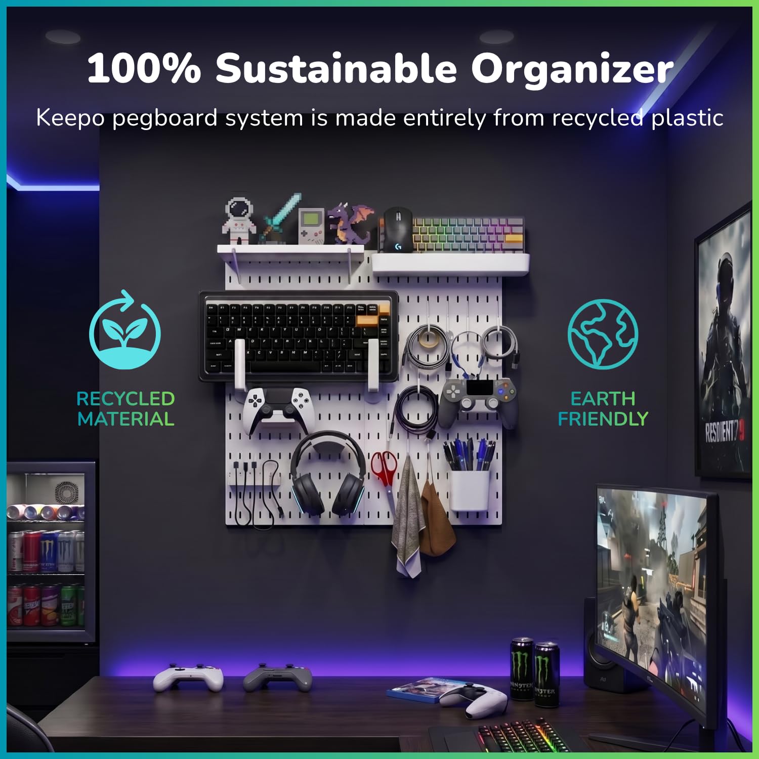 Keepo Kit combinato per pannello forato, organizer modulare da appendere, accessori per configurazione di gioco, supporto per controller e cuffie (bianco)