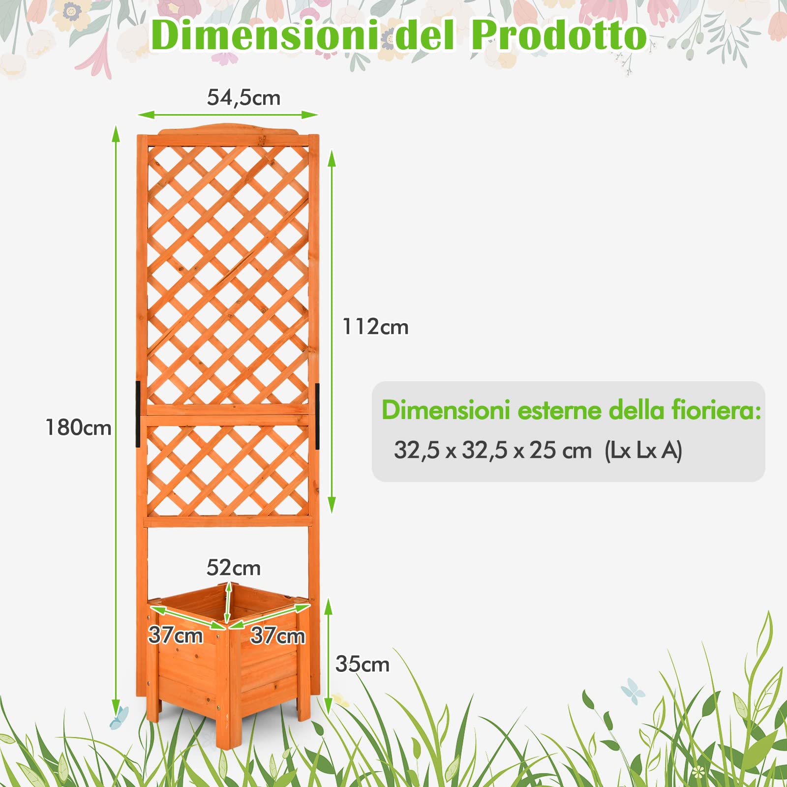 COSTWAY Letto Rialzato da Giardino con Spalliera e Traliccio | Fioriera da Esterno in Legno per Piante Rampicanti con Drenaggio da Giardino e Balcone, 54,5 x 52 x 180 cm