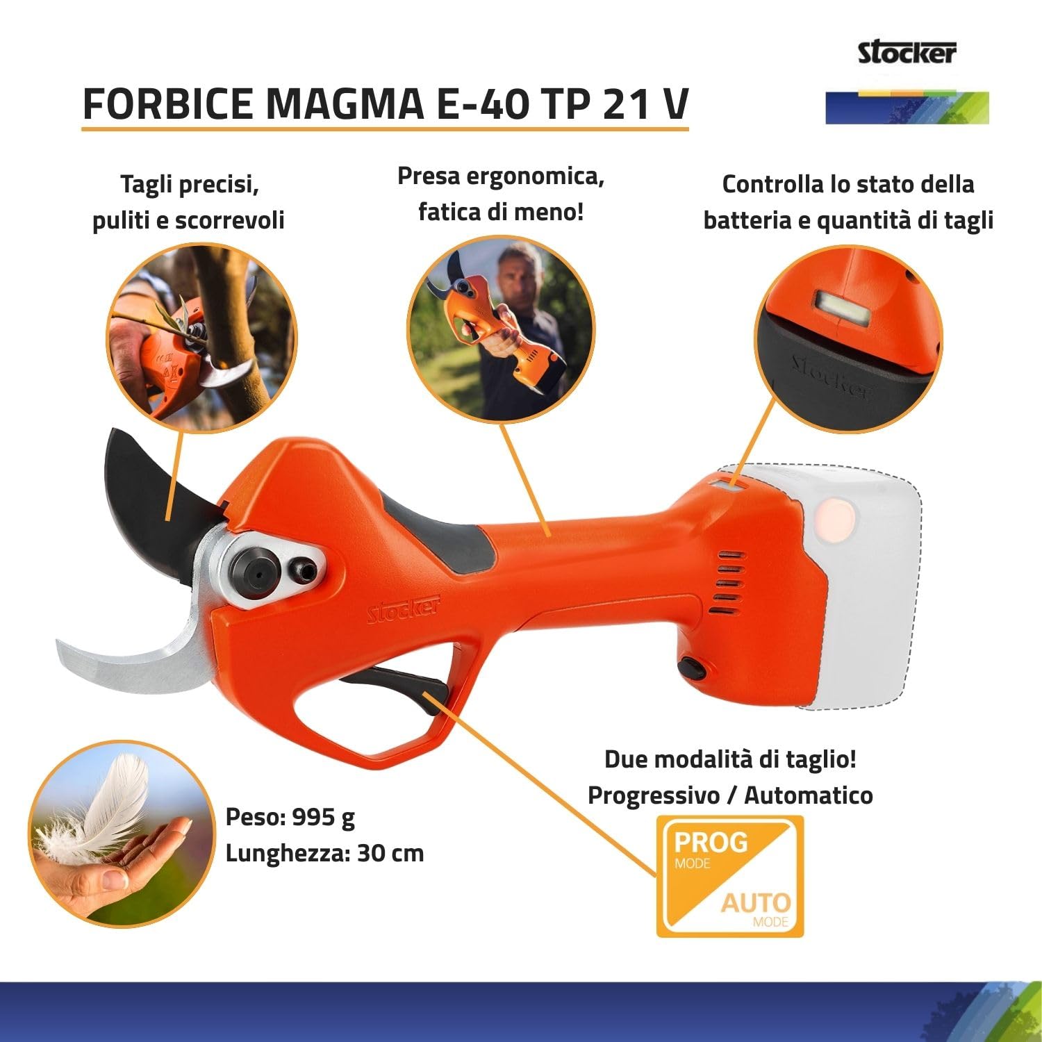 STOCKER - Kit Forbice Elettrica Magma E-40 TP con Batteria Fast Charge 21V 2,6Ah, Caricabatterie Doppio, Olio Spray 100 ml, Garanzia Estendibile fino a 60 mesi, kit potatura pronto uso