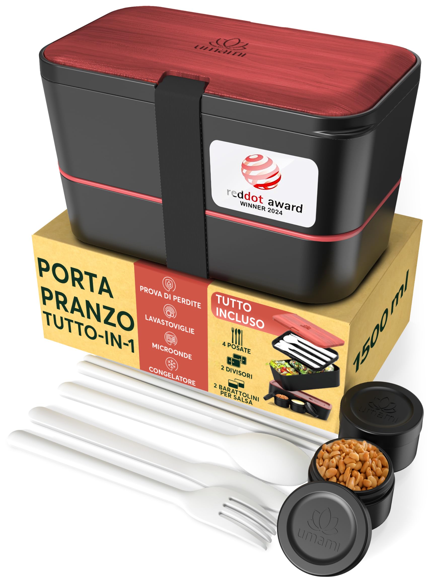 Umami Porta Pranzo Lunch Box Impilabile Con 4 Scomparti E Posate, Sicuro Per Microonde, Lavastoviglie, Portapranzo Ufficio Bento Lunchbox Ermetico Per Adulti Schiscetta Pranzo Palissandro Nero 1500 ml