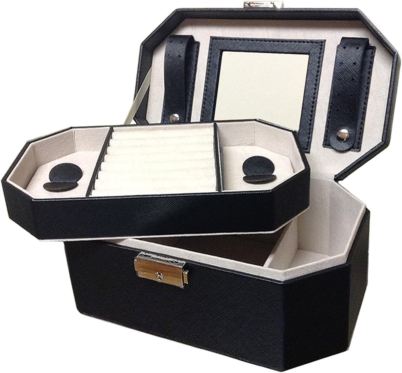 Black leather jewelry box by Sortet™ Storage case organizer with magnetic lock and mirror-For Women, girls and teens-Texture design finish-Great gift for all ages-For home and travel use