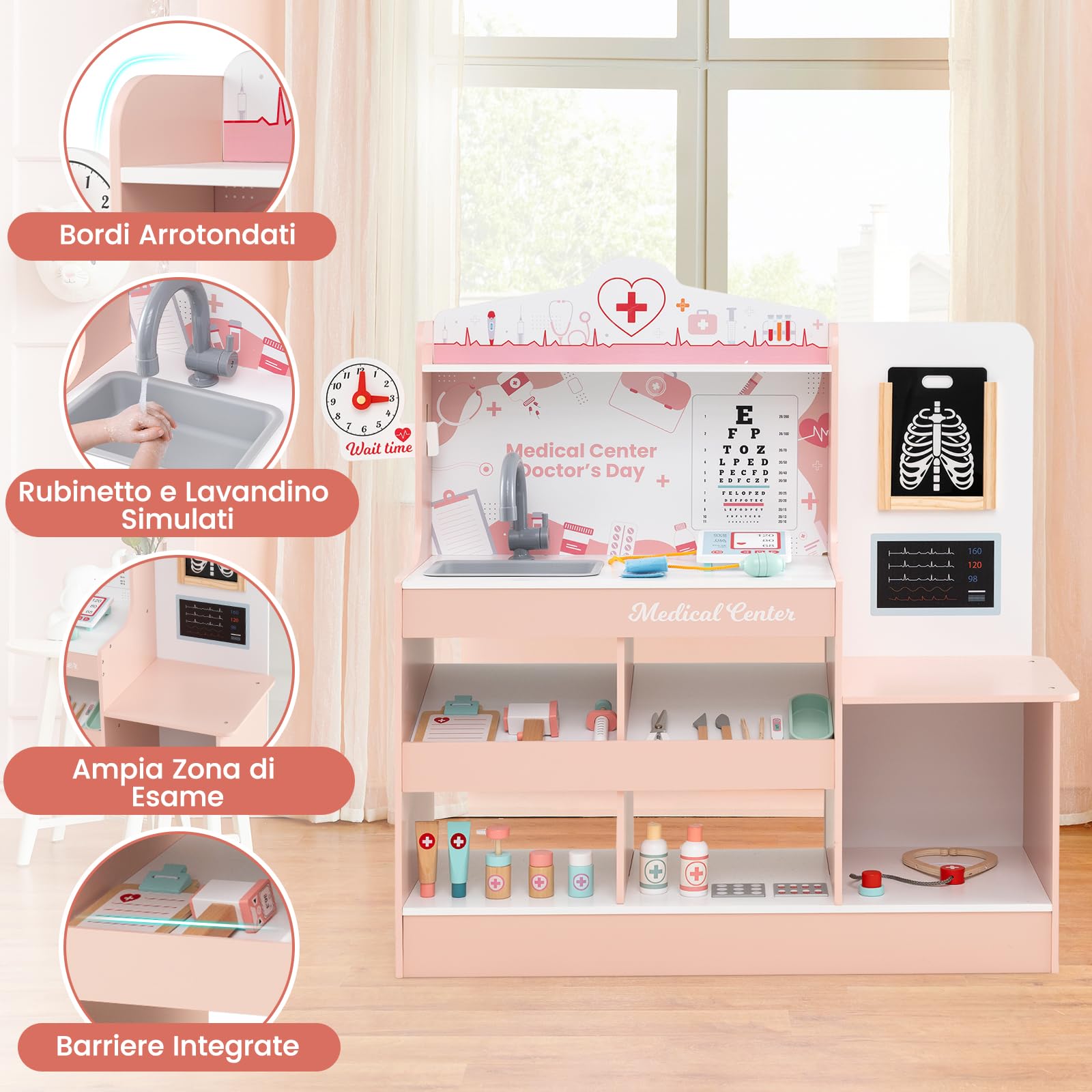 GYMAX Set da Gioco Medico in Legno, Gioco di Ruolo Medico con Stetoscopio, Monitor ECG, Pellicola a Raggi X, Monitor di Pressione Sanguigna, Area d'Esame, 24 Accessori (Rosa)