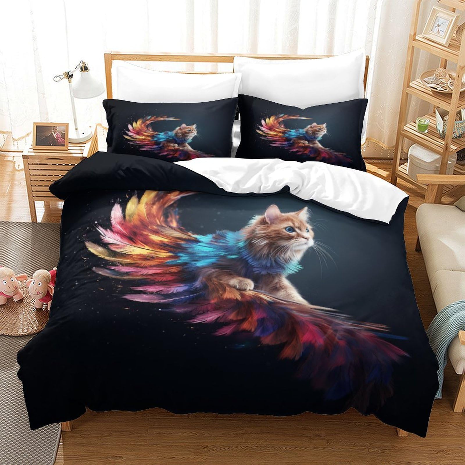 P1S9U7W5Y Fantasy Cat Feather 3D Printed Duvet Cover Set 3 Pieces Microfiber Bedroom Decor Cat with Colorful Feathers Bedding Set Soft Breathable for Bedroom Student Home King（220x240cm）