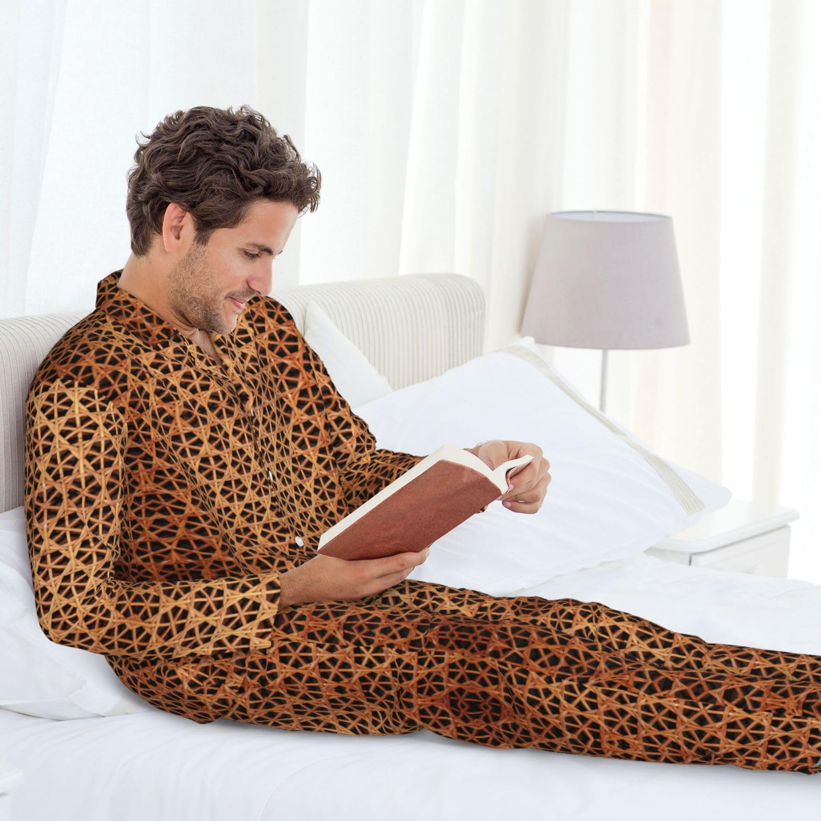 Conjunto de pijama de manga larga para hombre, diseño de rejilla tejida de mimbre, conjunto de pijama de manga larga para hombre, ropa de descanso suave con bolsillos, color negro