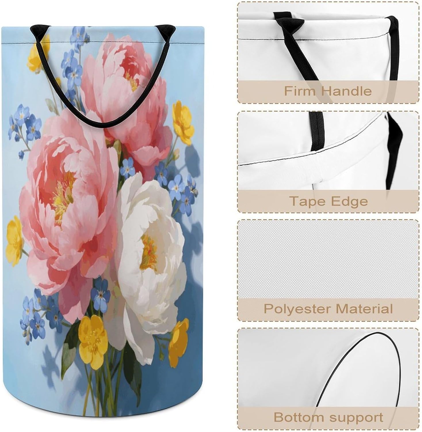 Floral Cute Flower Aesthetic Laundry Hamper 86L Waterproof Collapsible Clothes Basket with Double Handles Freestanding Foldable Laundry Basket Large Clothes Hamper for Bathroom