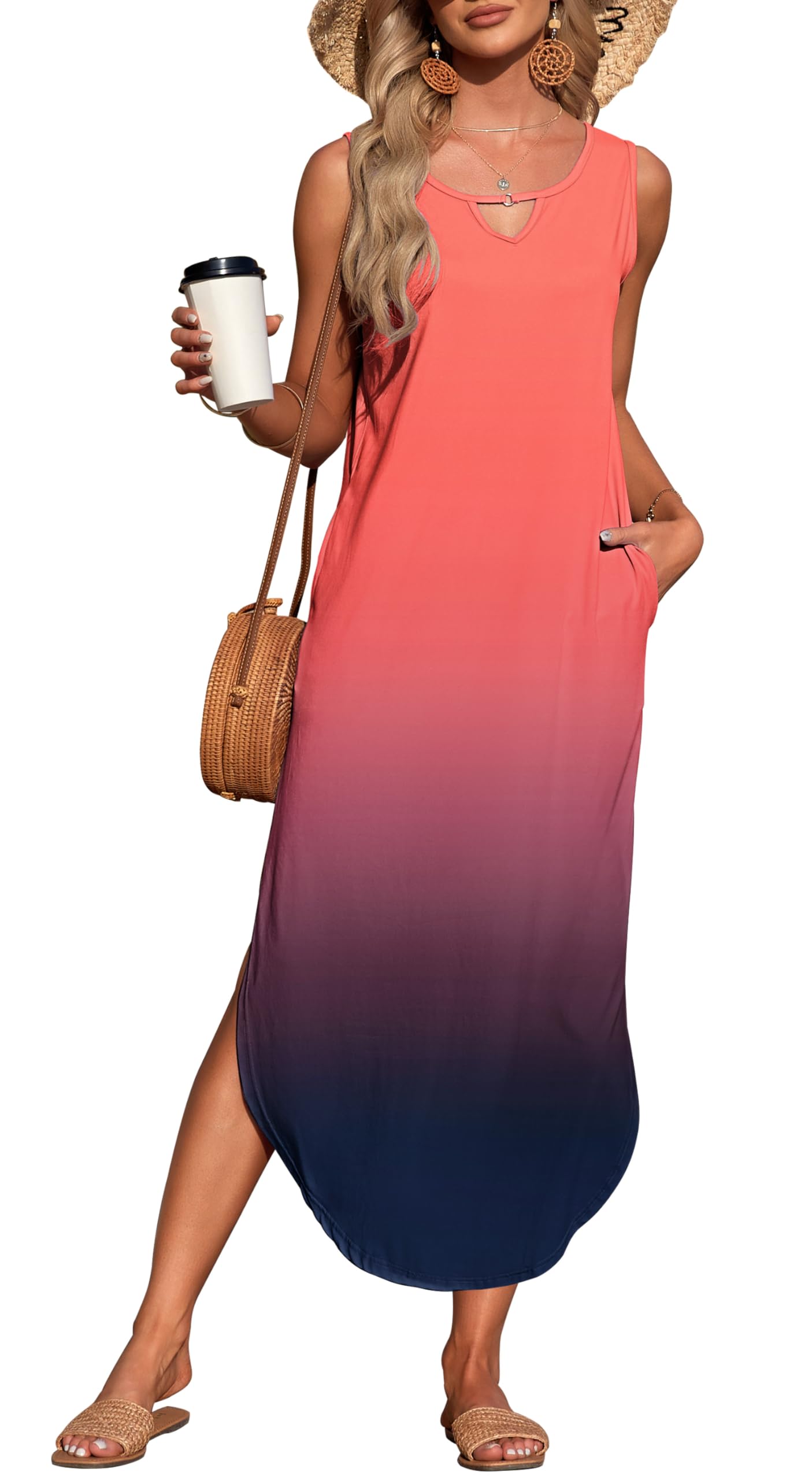 MISFAY Women's Summer Maxi Dress Sleeveless Casual Loose Long Beach Split Dresses with Pockets