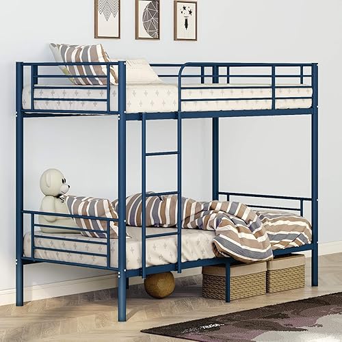 Miniatura 1 de Litera individual sobre individual, base de cama de metal resistente con barandilla y escaleras, ahorro de espacio, sin ruido, no necesita somier