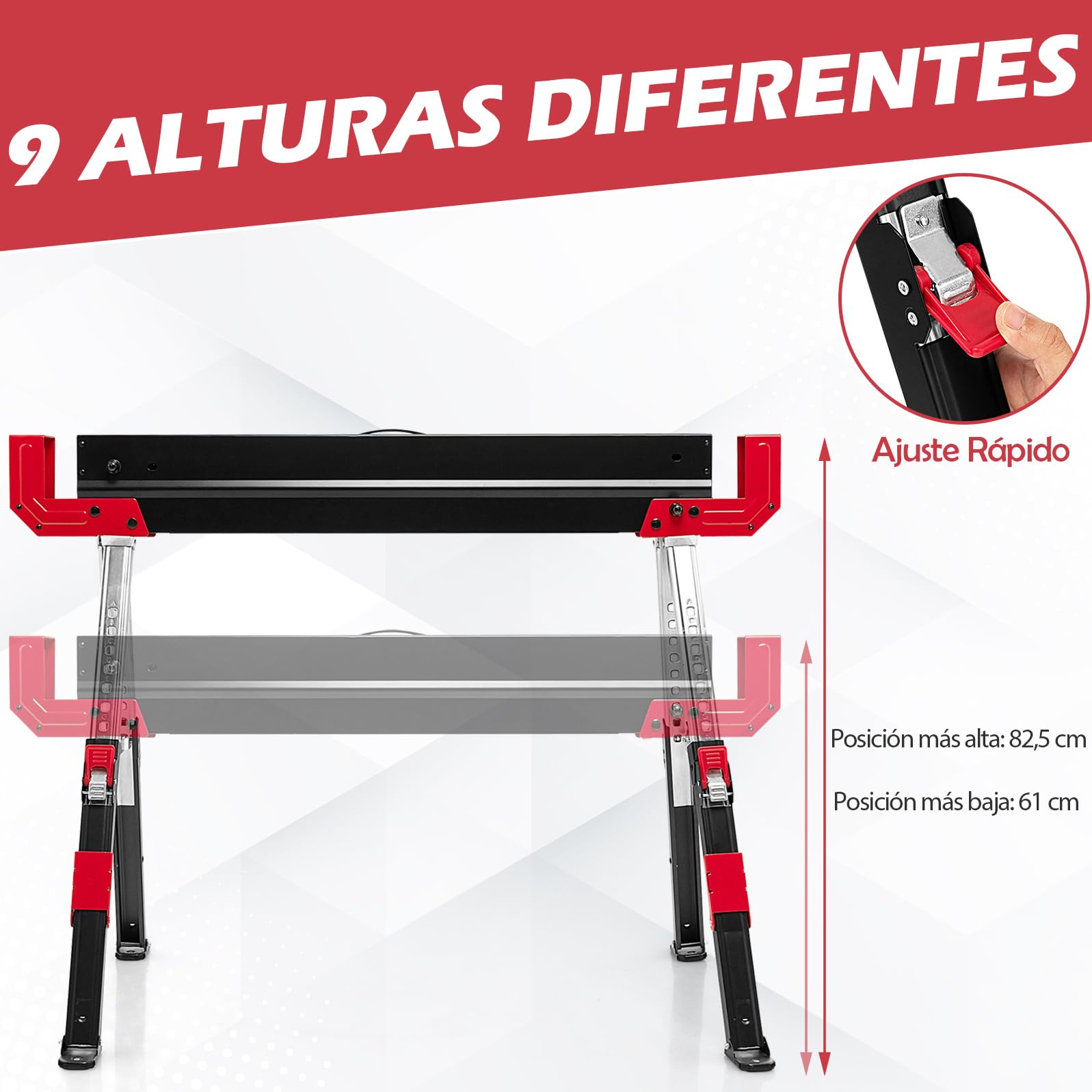 GYMAX Juego de 2 Caballete de Trabajo de Altura Ajustable, con Soporte Antideslizante, Soporte Plegable con Práctica Asa, Soporta hasta 1180 kg, Color Negro y Rojo